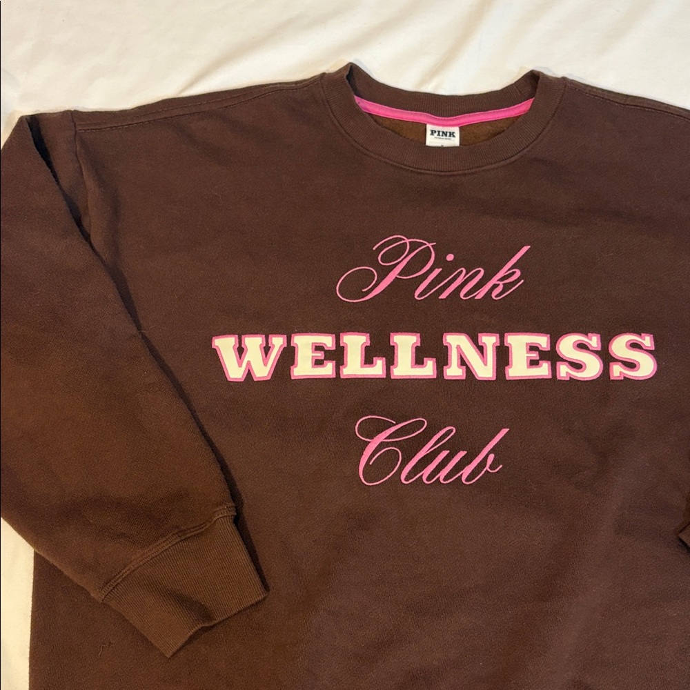 VS PINK “Wellness Club” Ivy Fleece Oversized Crew Sweatshirt Ganache/Pink Medium